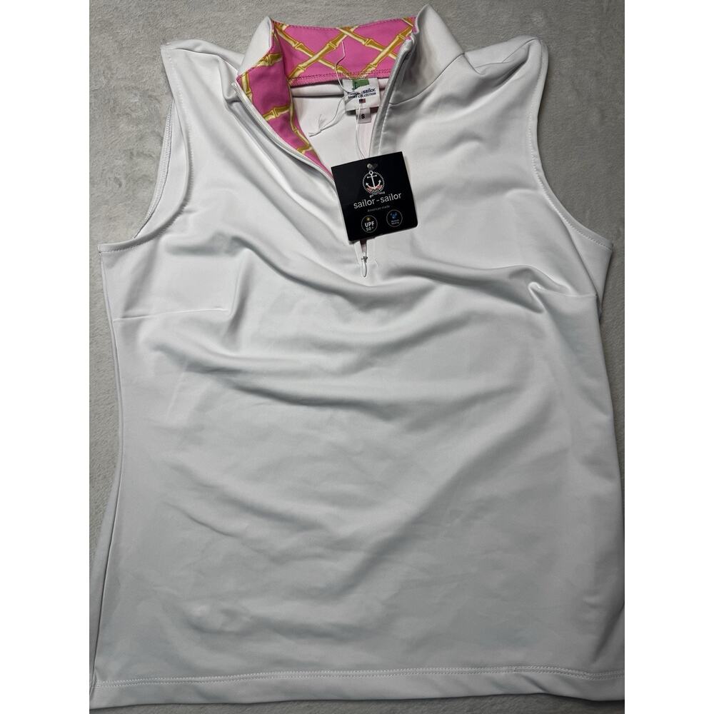 Sailor Sailor Sleeveless White 1/4 Zip Pink Bamboo Trim UPF 50+ Performance NWT